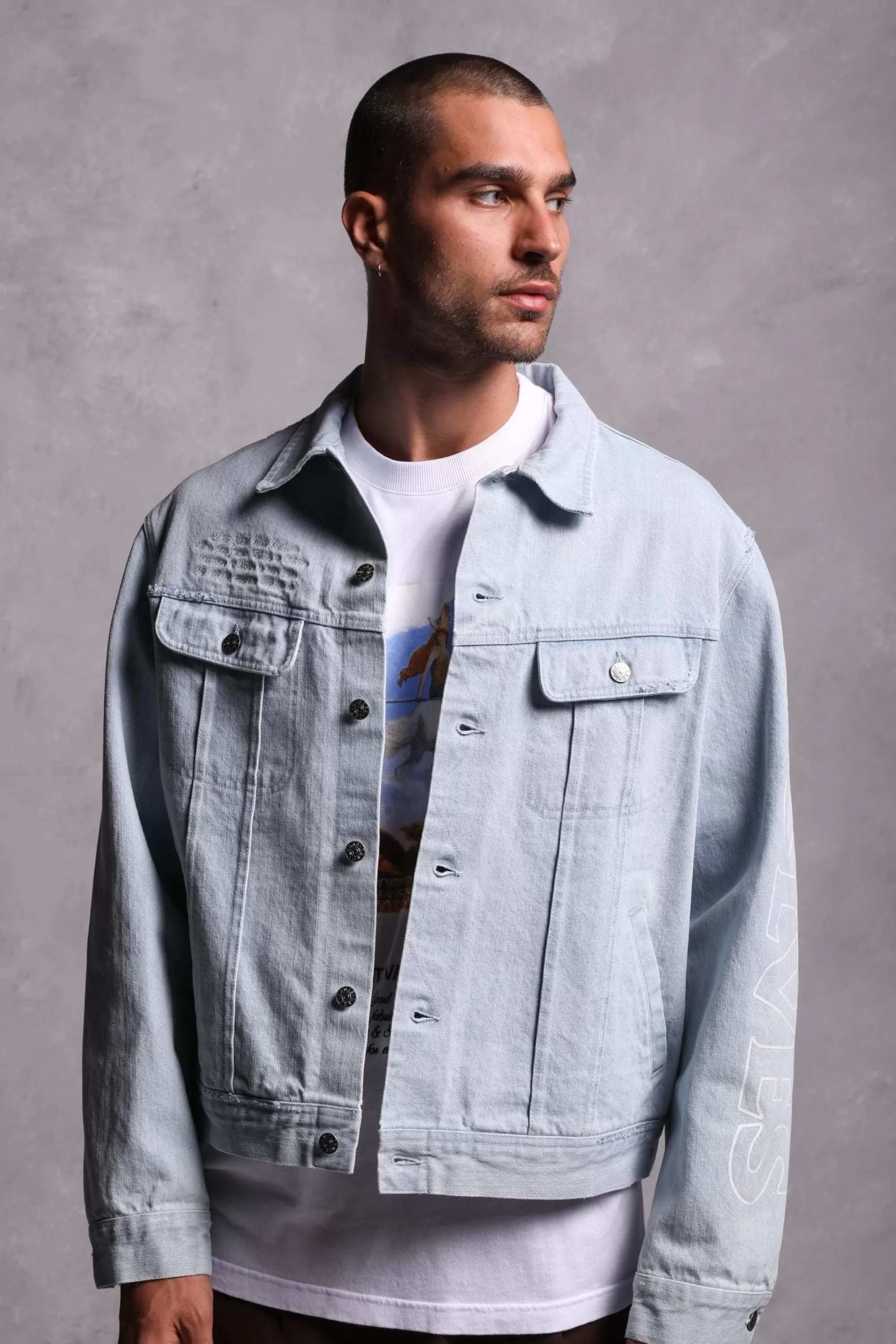 Flash Sale Enter Valhalla Clint American Denim Jacket In Vintage Distressed Blue Men Jackets/Outerwear